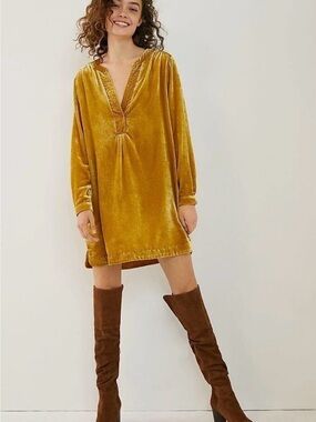 Anthropologie Melody Mustard Yellow Velvet Tunic Dress M
